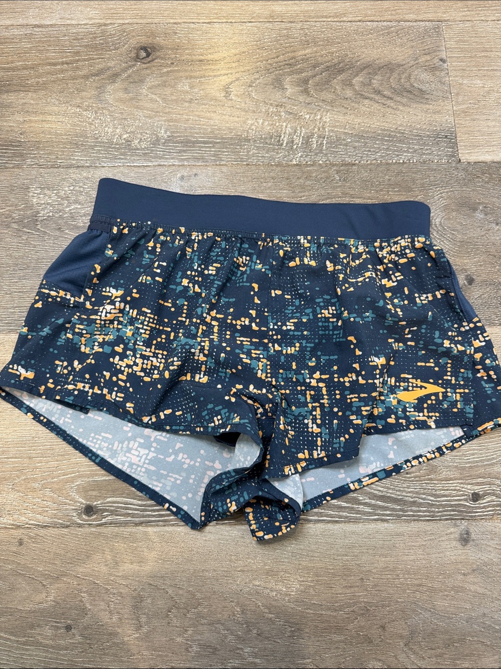 Brooks Women's Navy Running Shorts with Yellow and Teal Pixel Print 1335
